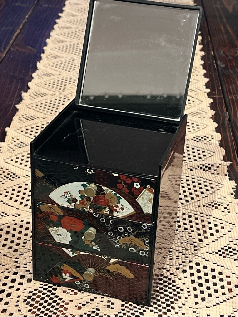 Vintage Otagiri Black Lacquered Floral Jewelry Box with Mirror